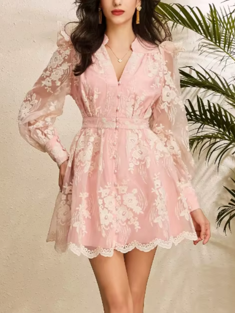 Premium Fashion V-neck Lantern Sleeves Embroidered Floral Hollow Out Lace Single Breasted Pink Dress