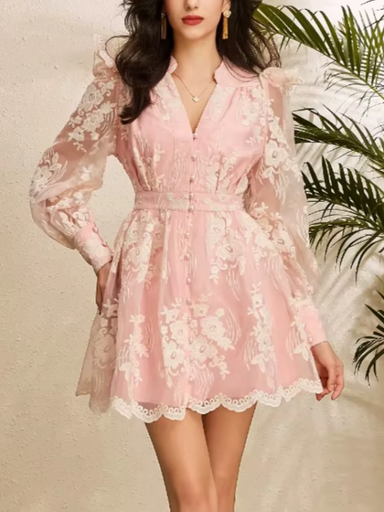 Premium Fashion V-neck Lantern Sleeves Embroidered Floral Hollow Out Lace Single Breasted Pink Dress