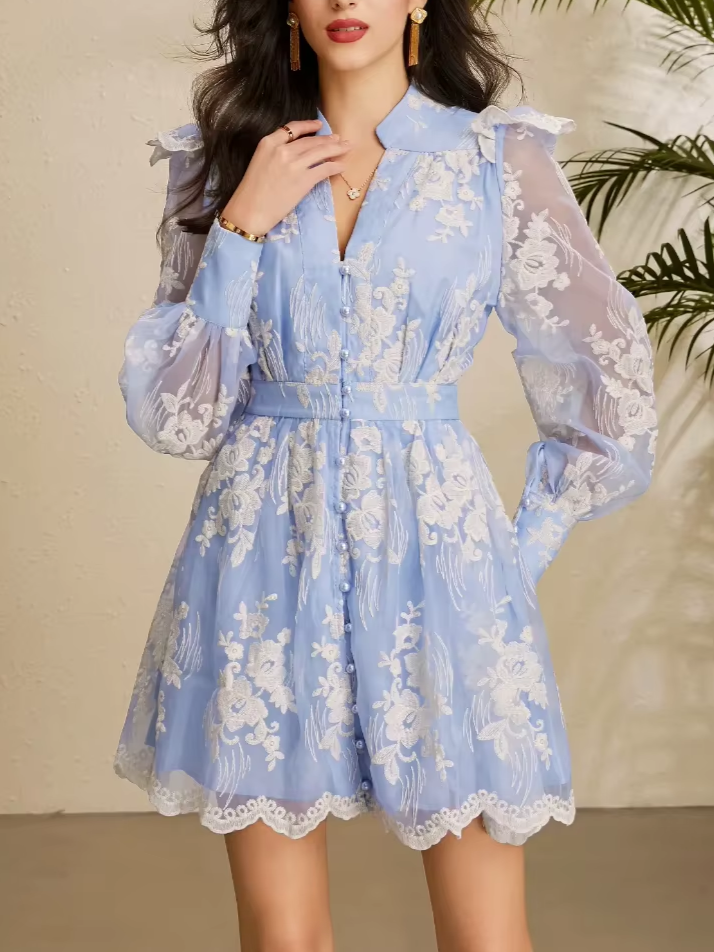 Premium Fashion V-neck Lantern Sleeves Embroidered Floral Hollow Out Lace Single Breasted Blue Dress