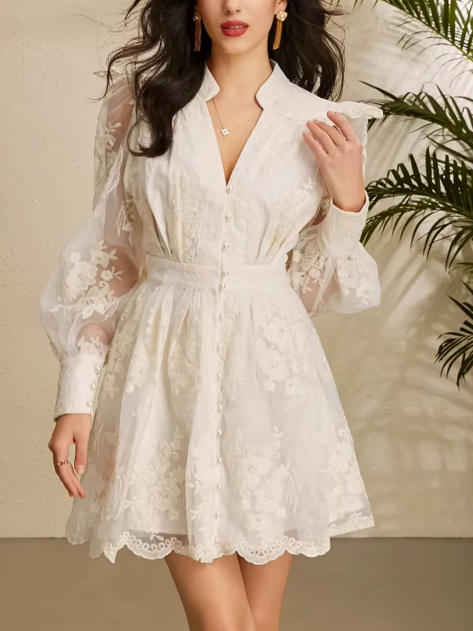 Premium Fashion V-neck Lantern Sleeves Embroidered Floral Hollow Out Lace Single Breasted Apricot Dress