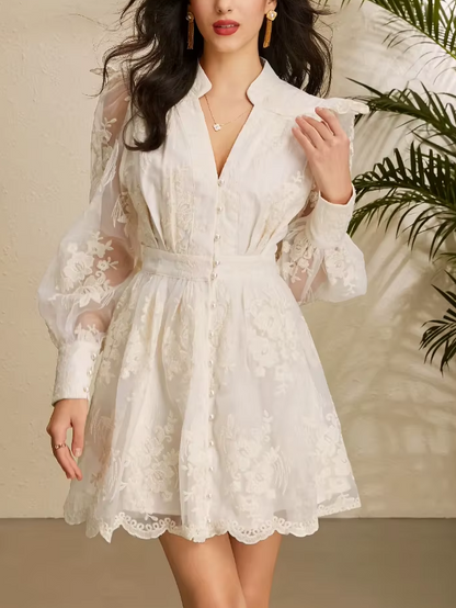 Premium Fashion V-neck Lantern Sleeves Embroidered Floral Hollow Out Lace Single Breasted Apricot Dress