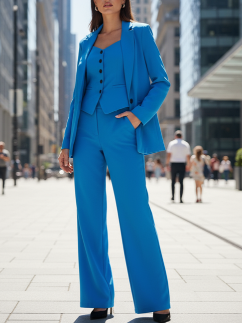 Premium Formal Wear Blazer With Vest And Pants Blue Set