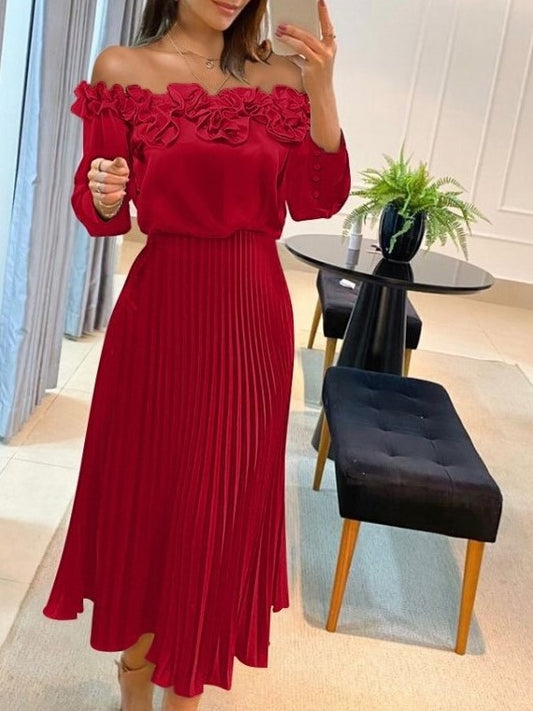 Pretty Boat Neck Long Sleeve Red Dress