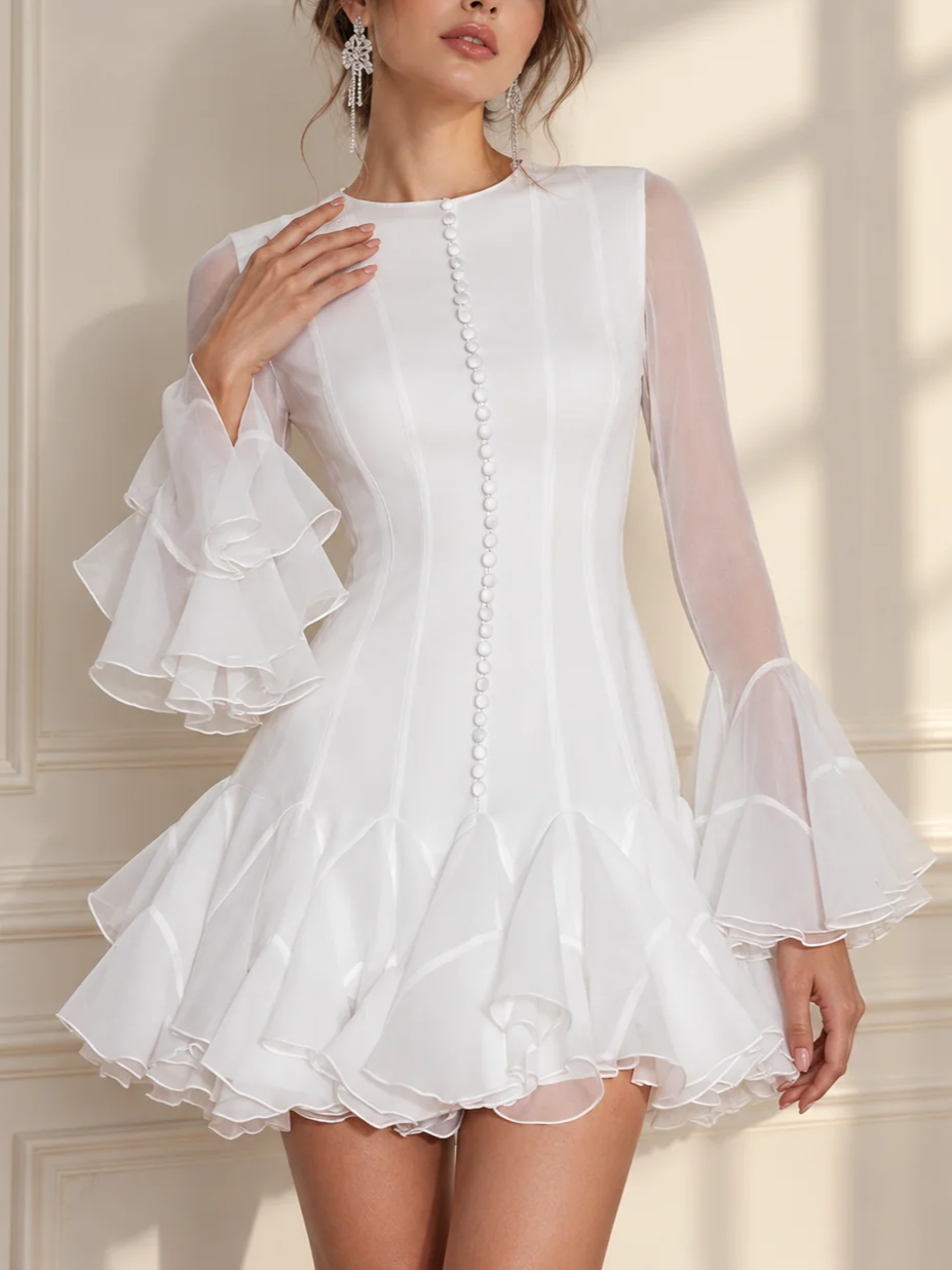 Pretty Button Decor Ruffle Mini Dress