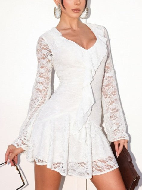 Pretty Lace V Neck Solid Ruffle Dress