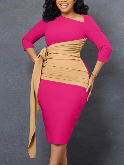 Pretty Long Sleeve Patchwork Pink Dress - Ships in 24 Hrs