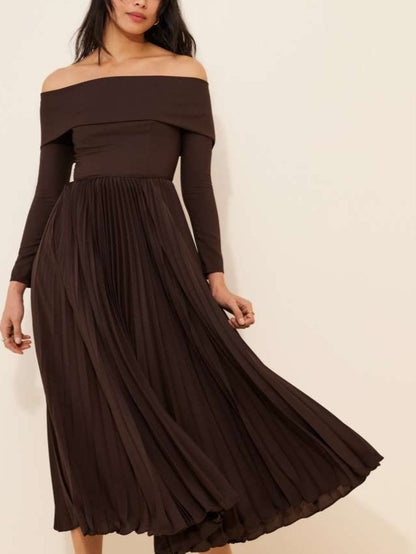 Pretty Off Shoulder Pleated Long Sleeve Brown Midi Dress