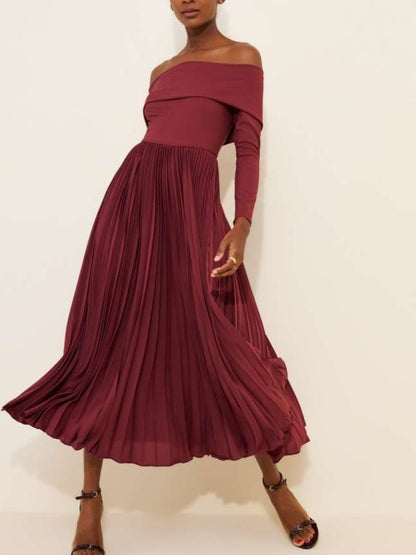 Pretty Off Shoulder Pleated Long Sleeve Burgundy Midi Dress