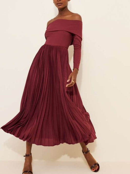 Pretty Off Shoulder Pleated Long Sleeve Burgundy Midi Dress