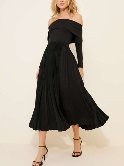 Pretty Off Shoulder Pleated Long Sleeve Black Midi Dress
