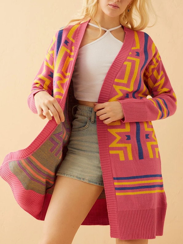 Winer Fashion Pretty Pink Geometric Long Sleeve Cardigan