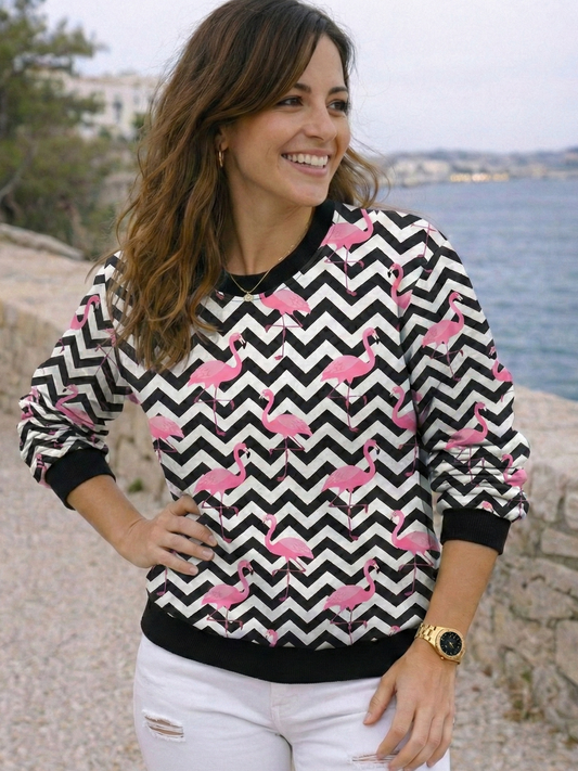 Quirky Flamingo Print White Sweatshirt