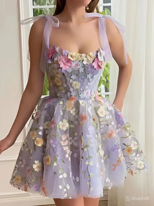 Ravishing Tied Strap Flower Applique Fit Flare Short Dress
