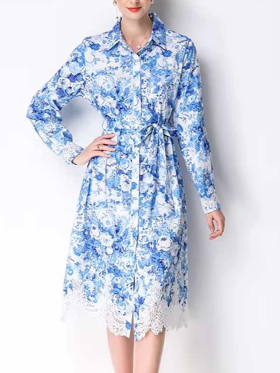 Retro Blue and White Porcelain Printed Lace Splicing Party Dress