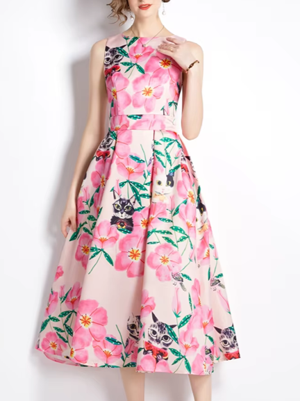 Retro Flower Sleeveless Printed High Waist Baby Pink Party Dress