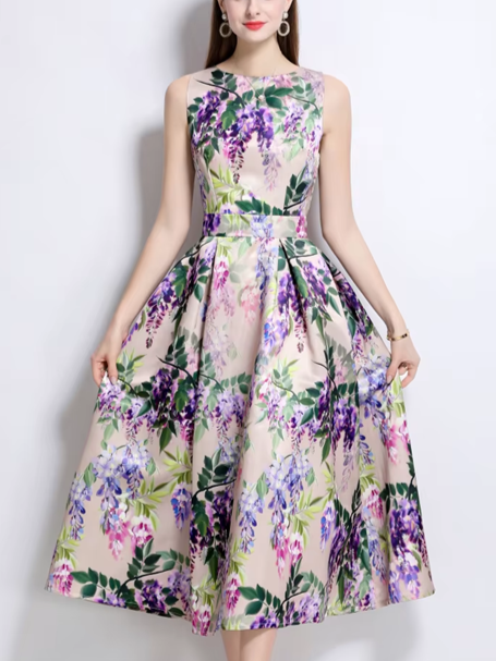 Retro Flower Sleeveless Printed High Waist Lilac Party Dress