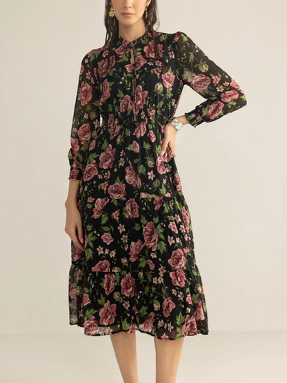 Romantic Floral Long Sleeve Black Dress