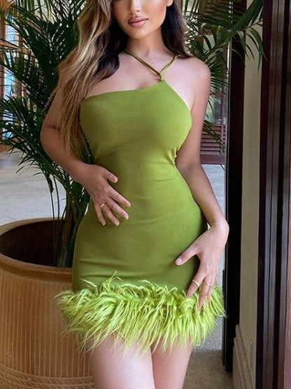 Sexy Backless Feather Decor Green Mini Dress - Ships in 24 Hrs