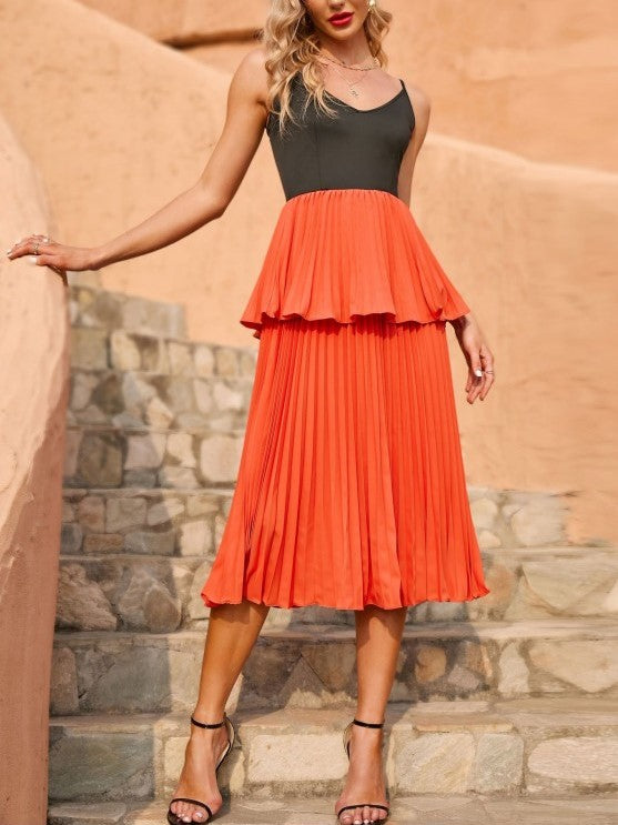 Sexy Contrast Sleeveless Ruched Orange Dress