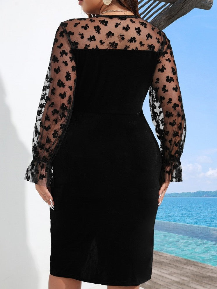 Sexy Long Sleeve Mesh Black Plus Dress