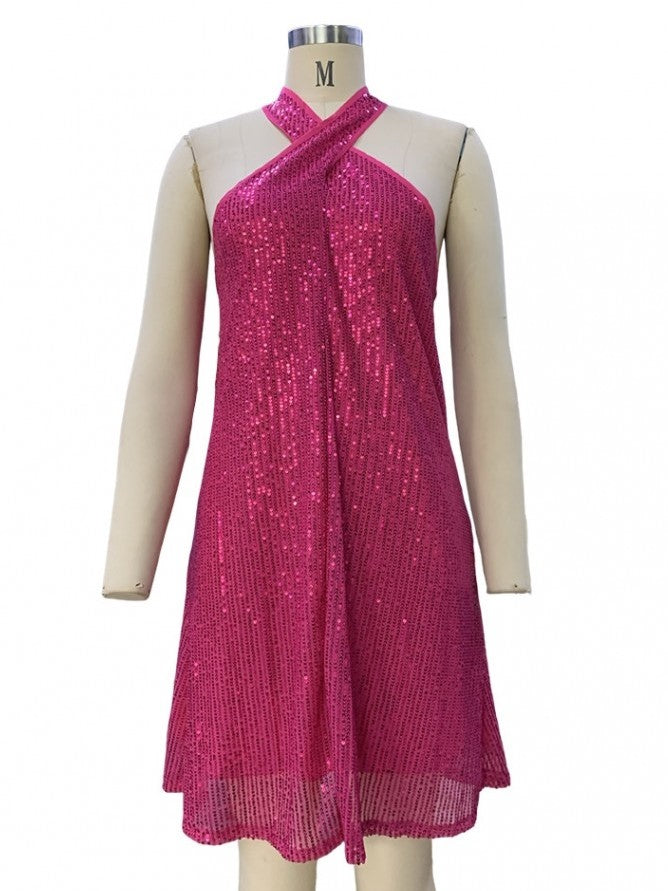 Sexy Sequin Halter Pink Plus Party Dress