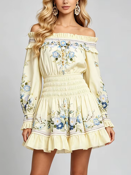 Sexy Slash Neck Printed Long Sleeve Elastic Waist Holiday Dress