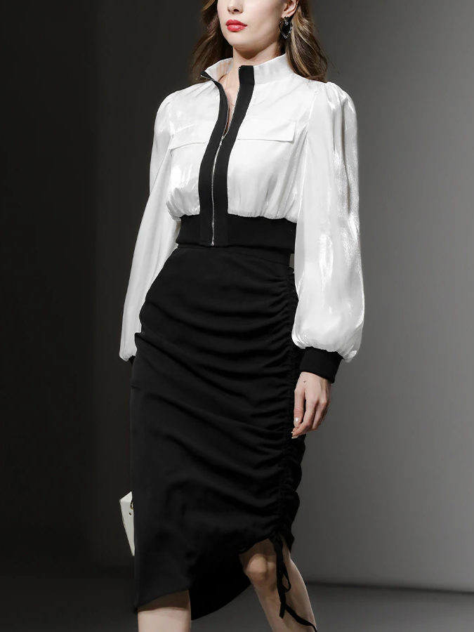 Sharp Look Contrast Zipper Top With High Waist Pencil Skirt Set