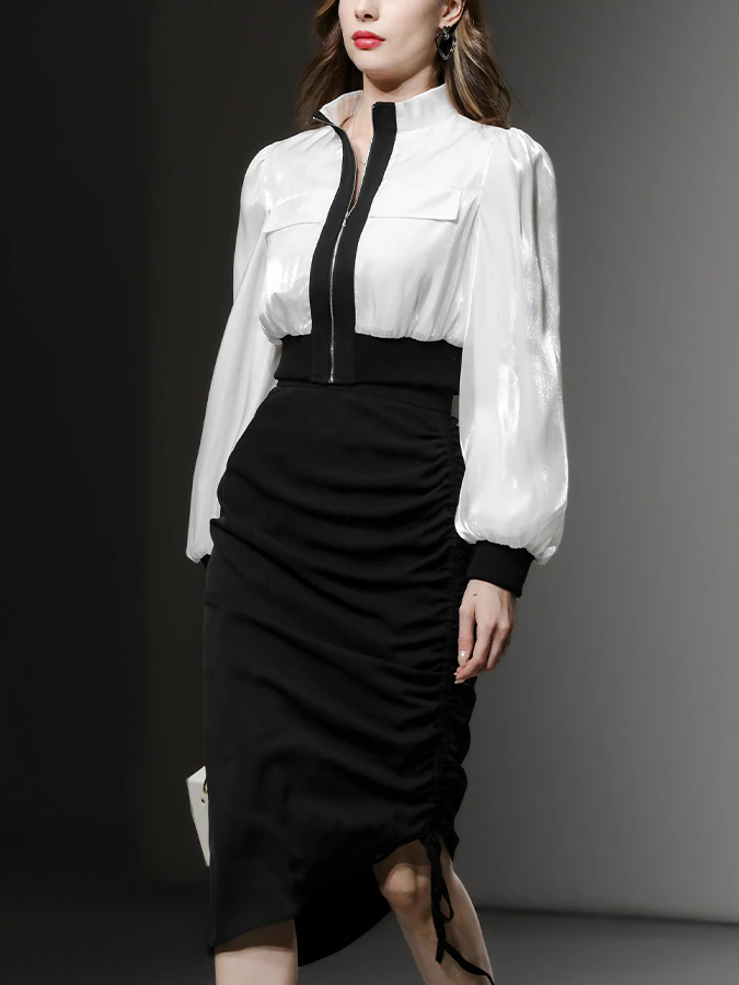 Sharp Look Contrast Zipper Top With High Waist Pencil Skirt Set - Ships in 24 Hrs