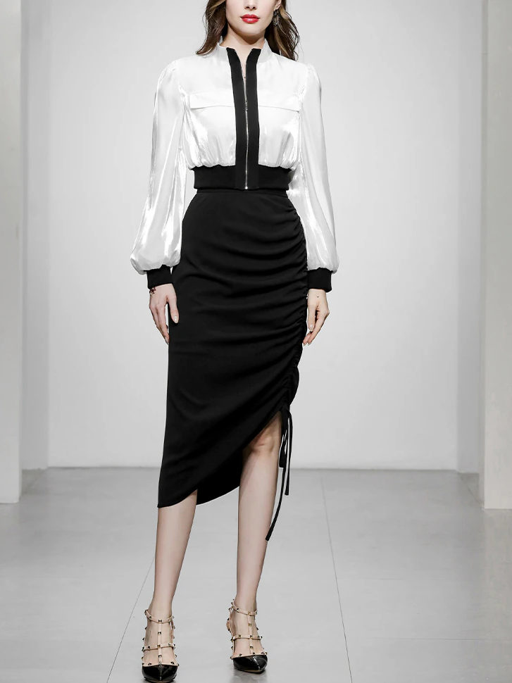 Sharp Look Contrast Zipper Top With High Waist Pencil Skirt Set - Ships in 24 Hrs