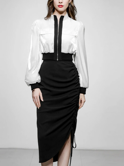 Sharp Look Contrast Zipper Top With High Waist Pencil Skirt Set - Ships in 24 Hrs