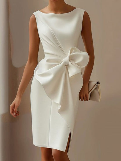 Smart Bow Patch Split Hem White Sleeveless Dress