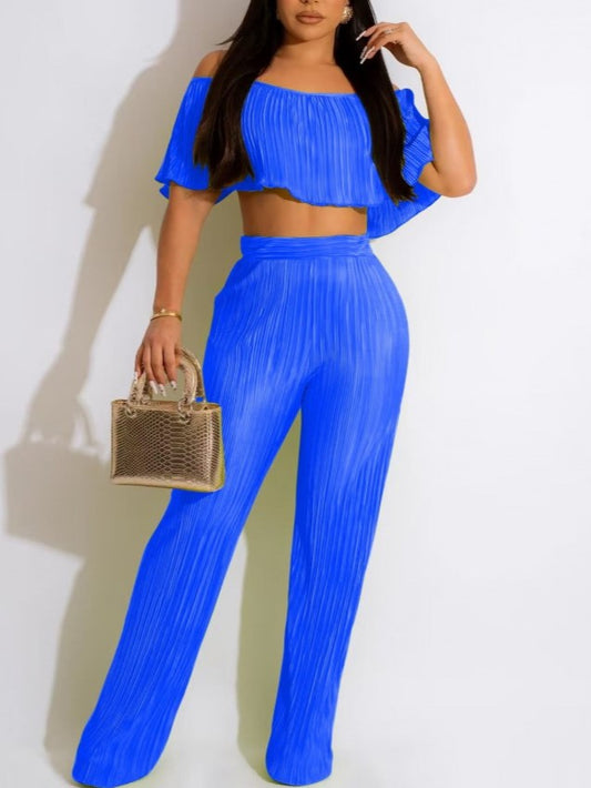 Smart Crop Top With Trouser Blue Set - Ships in 24 Hrs