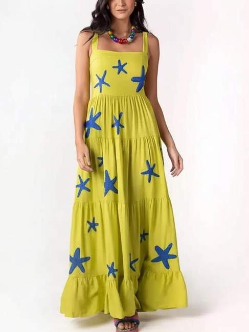 Smart Fish Embroidered Yellow Tiered Maxi Dress