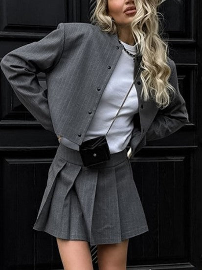 Smart Grey Stripped Long Sleeve Skirt Set