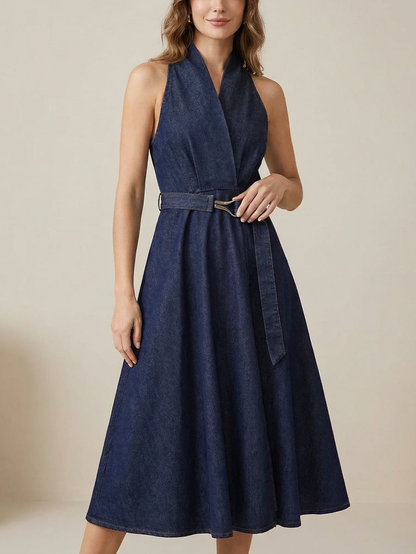Smart Halter Neck A Line Midi Dress With Belt