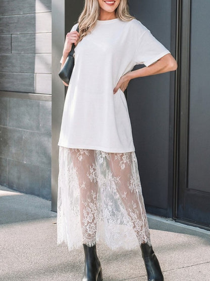 Smart Lace Panel Short Sleeve Comfort Wear White Maxi Dress