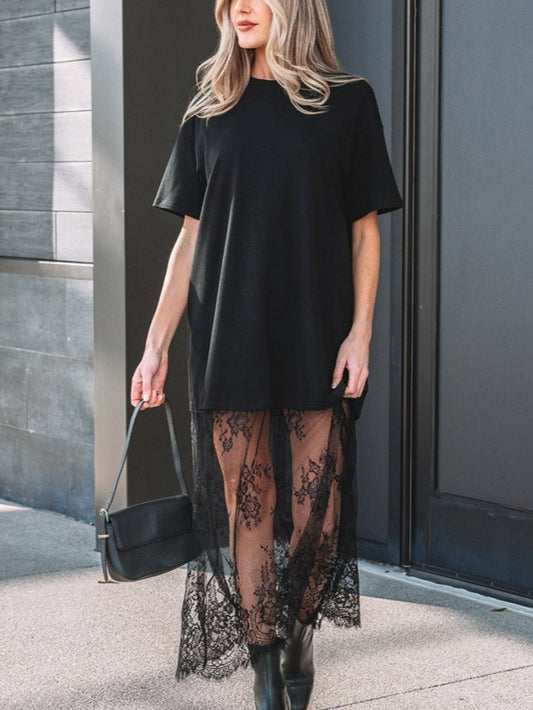 Smart Lace Panel Short Sleeve Comfort Wear Black Maxi Dress