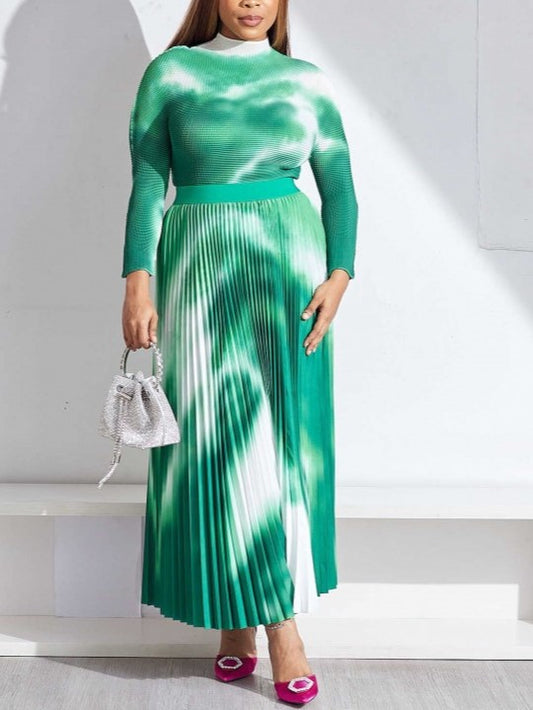 Smart Ruched Long Sleeve Top With Green Skirt Set