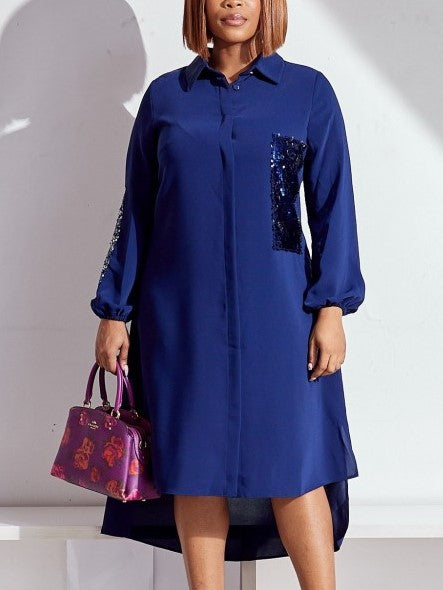 Smart Sequin Patchwork Mid Length Blue Shirt Dress