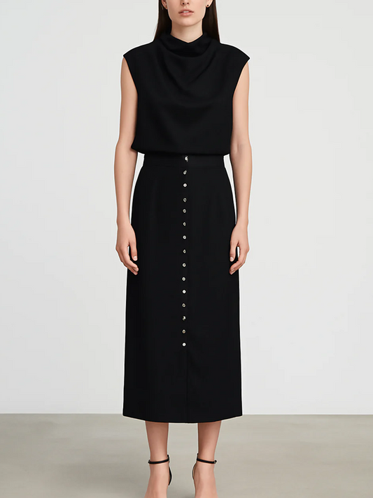 Smart Sleeveless Crop Top With High Waist Skirt Black Set