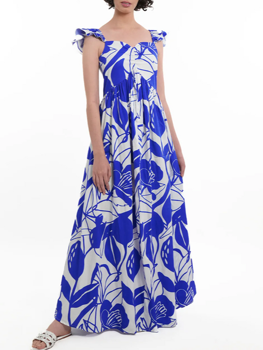 Smart Sleeveless Floral Print Blue Maxi Dress
