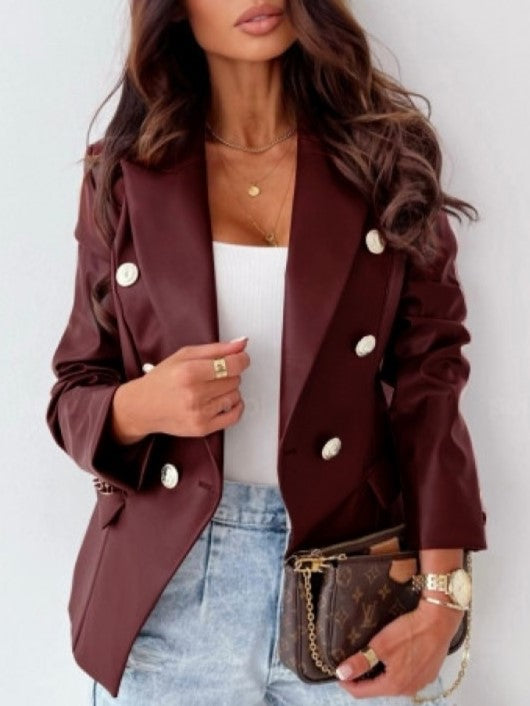Smart Solid PU Fitted Burgundy Coat