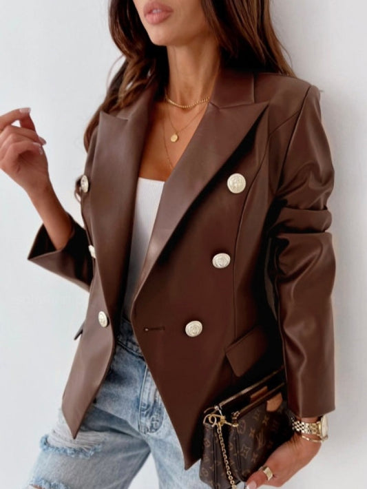 Smart Solid PU Fitted Coffee Coat