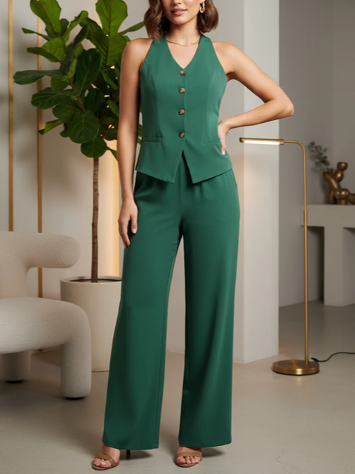 Smart Tied Halter Neck Waist Coat With Wide Leg Pants Green Set