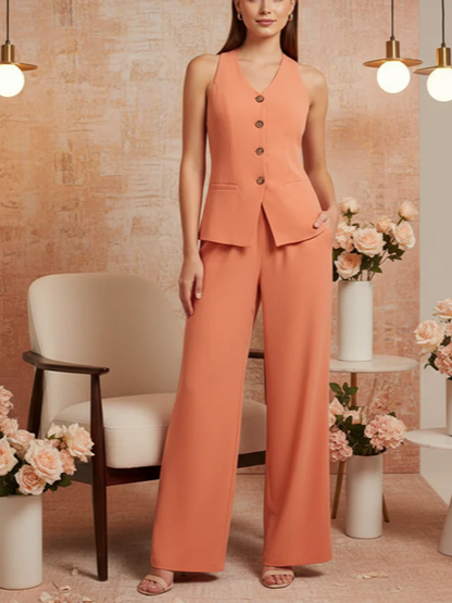 Smart Tied Halter Neck Waist Coat With Wide Leg Pants Orange Set