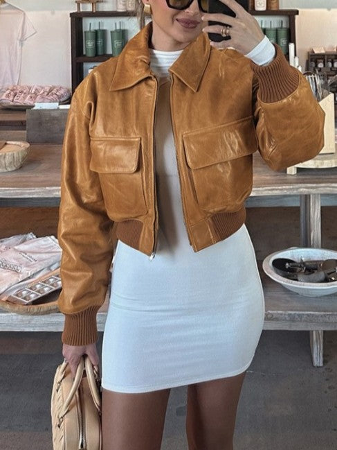 Smart Winter Fashion Flap Pockets Lapel Zipper Crop Peacoat