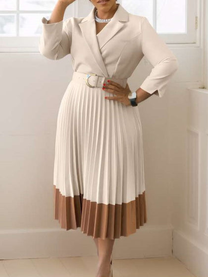 Smart Workwear Pleated Colorblock Long Sleeve Apricot Dress With Belt
