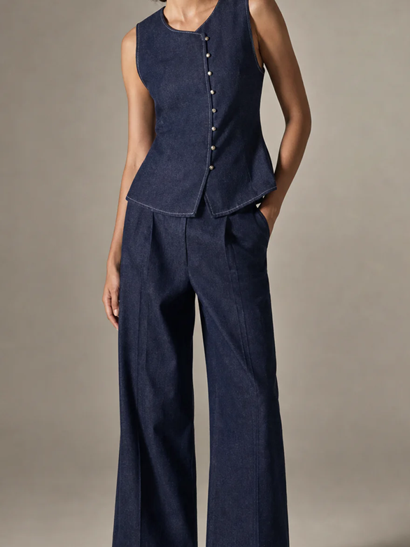 Sophisticated Denim Waistcoat With Wide Leg Trousers Co Ord Set