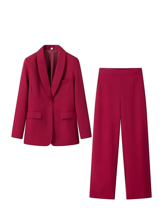 Sophisticated Formal Wear Long Blazer  Burgundy Pants Suit Set