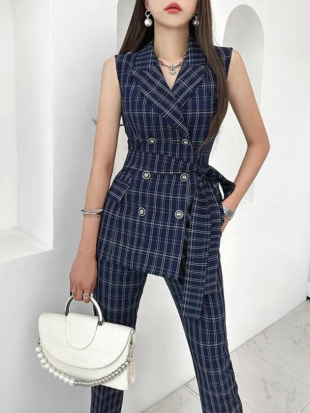 Sophisticated Plaid Double Breasted Pants Suit Set